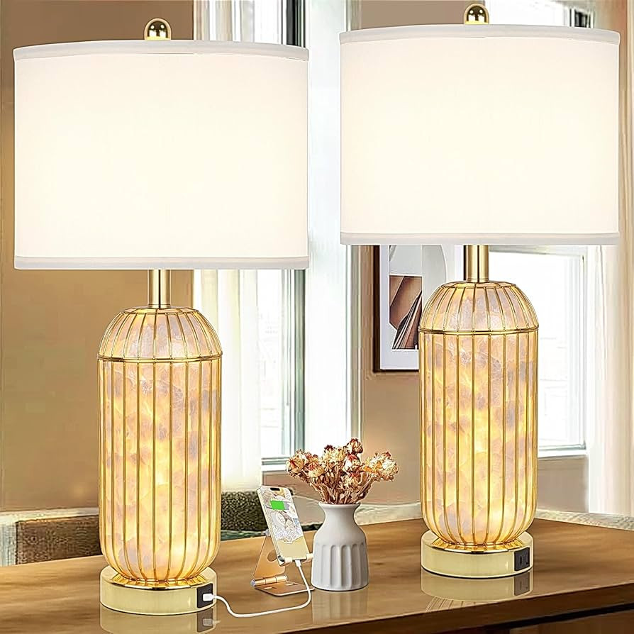 Gold Table Lamps Set of 2, Capiz Shell Bedside Lamps with LED Nightlight, 26" Plating Nightstand ... | Amazon (US)