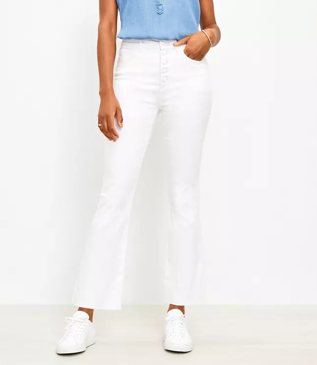 Frayed Button Front High Rise Kick Crop Jeans in White | LOFT
