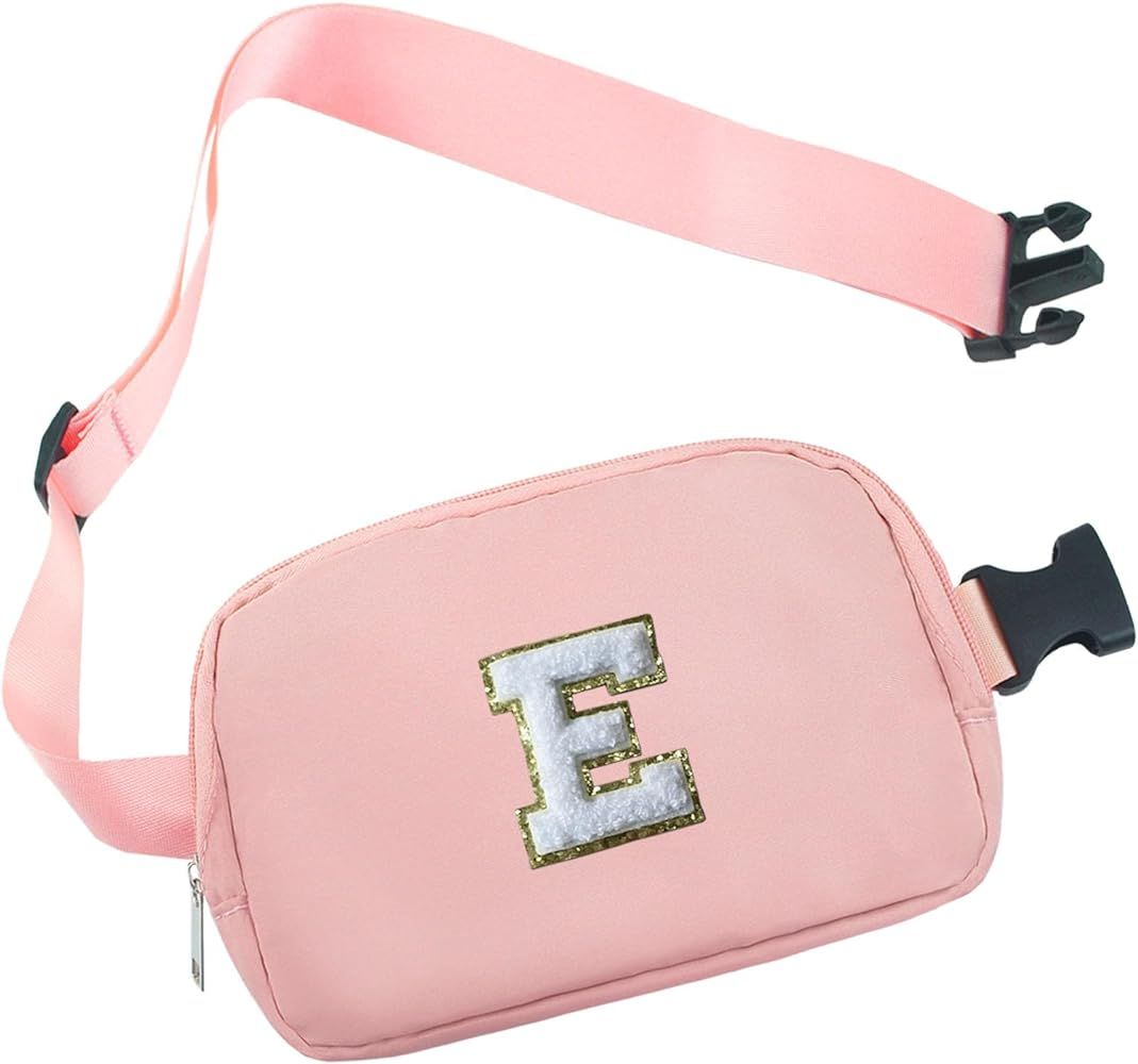 Pink Small Waist Fanny Pack Belt Bag with Initial Varsity Letter Patch Crossbody Adjustable Strap... | Amazon (US)