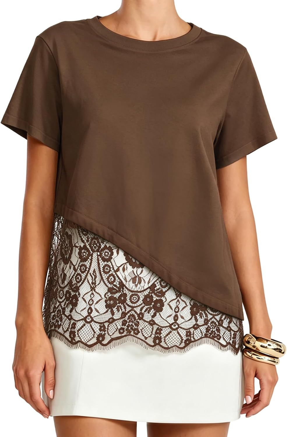 Women's Lace Patchwork Tops Cotton Short Sleeve T Shirts | Amazon (US)