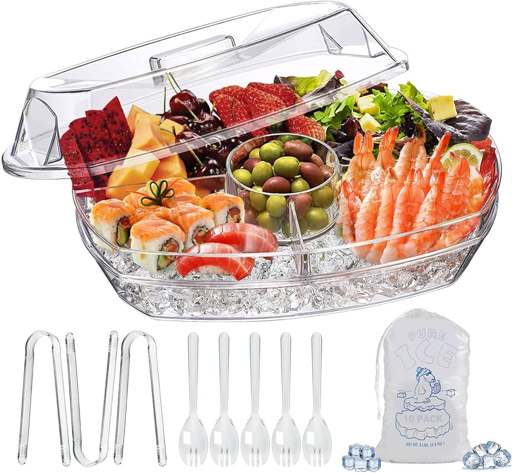LIMOEASY Chilled Serving Tray, 15" Clear Plastic Party Platter with 4 Compartments, Ice Serving B... | Amazon (US)