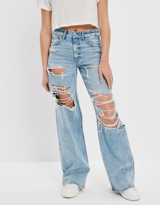 AE Dreamy Drape Ripped Super High-Waisted Baggy Wide-Leg Jean | American Eagle Outfitters (US & CA)