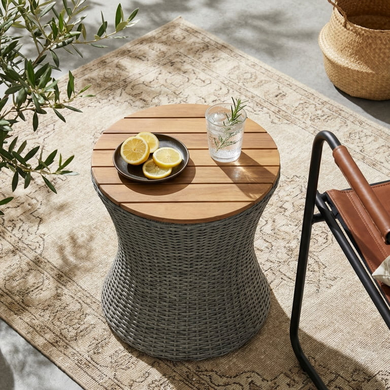Christopher Knight Home 17.5" Round Outdoor Patio Side Table with Wood Top, Wicker Base, Gray + N... | Walmart (US)