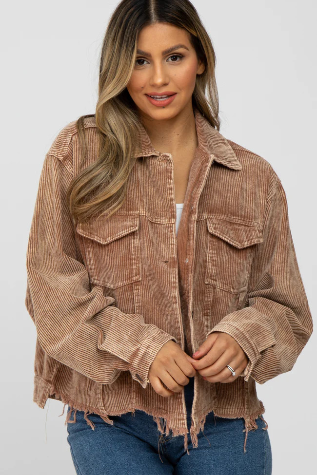 Taupe Corduroy Distressed Hem Cropped Jacket | PinkBlush Maternity