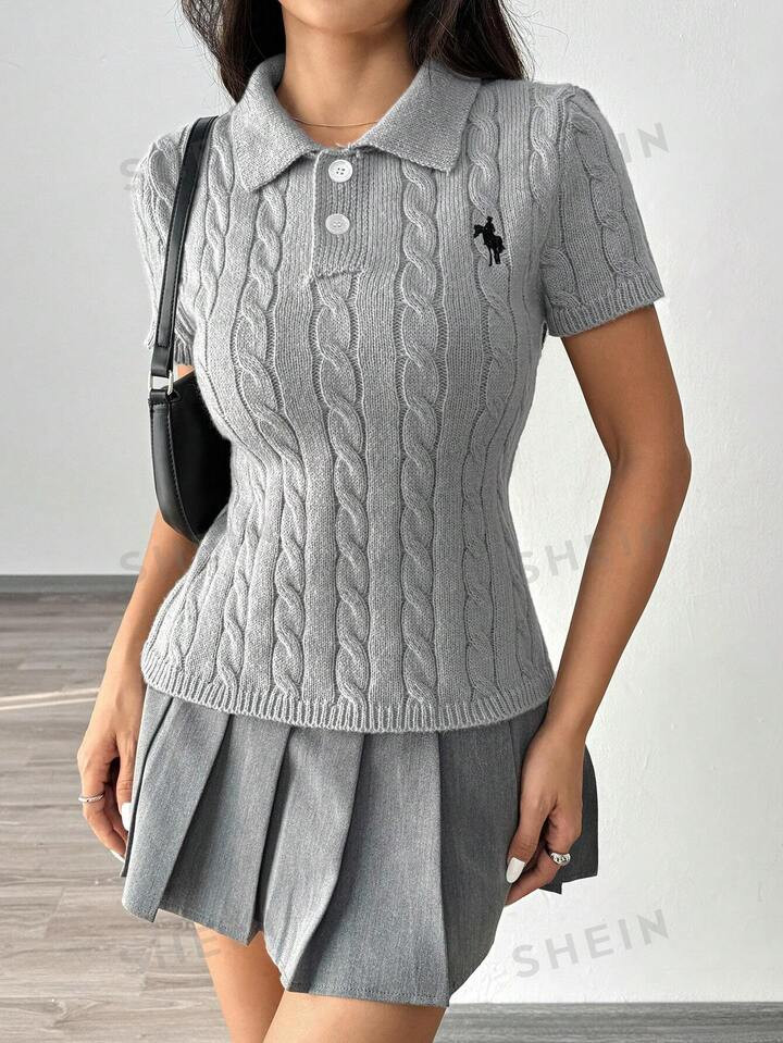 SHEIN Essnce Women's Spring Summer Polo Collar Cable Cable Knight Embroidery Knitted Top | SHEIN ... | SHEIN