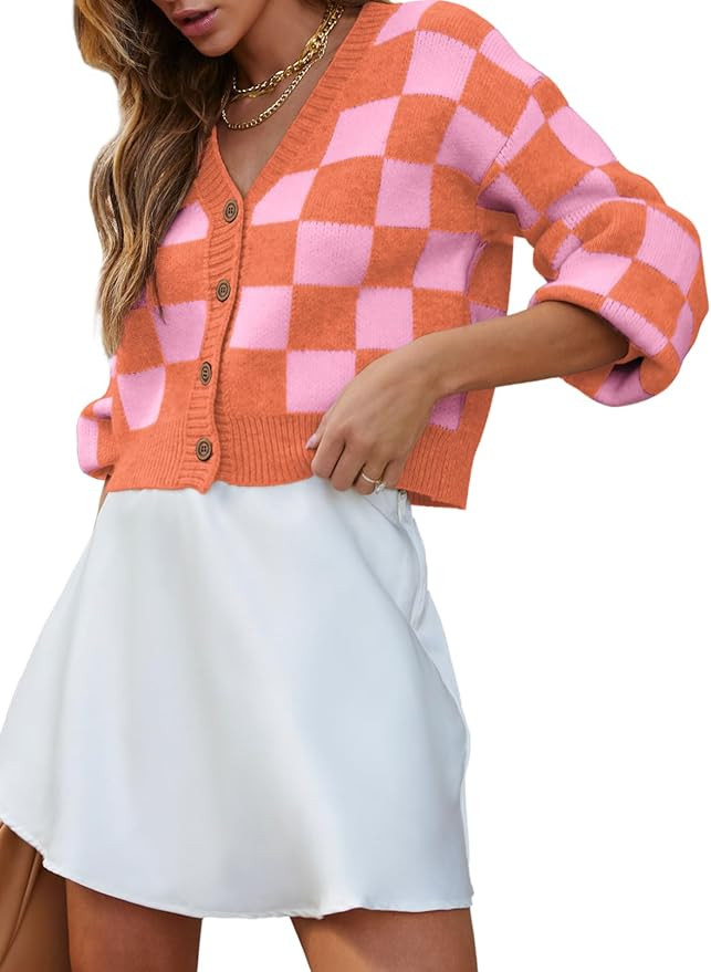 Dokotoo Womens Checkered V Neck Button Down Long Sleeve Cable Knit Cropped Cardigan Sweaters Tops | Amazon (US)