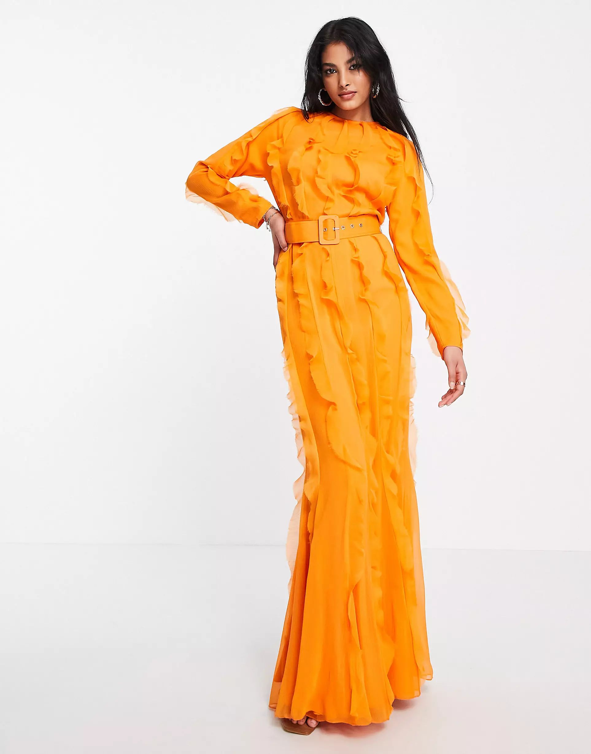 ASOS DESIGN long sleeve ruffle detail maxi dress in bright orange chiffon | ASOS (Global)