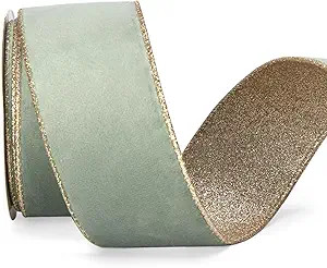 Ribbli Sage Velvet Wired Ribbon 2.5 Inch Sage Velvet with Champagne Glitter Christmas Ribbon for ... | Amazon (US)