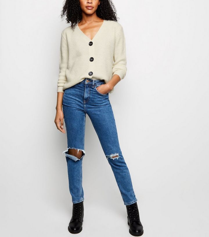Cream Rib Knit Button Through Cardigan Add to Saved Items Remove from Saved Items | New Look (UK)