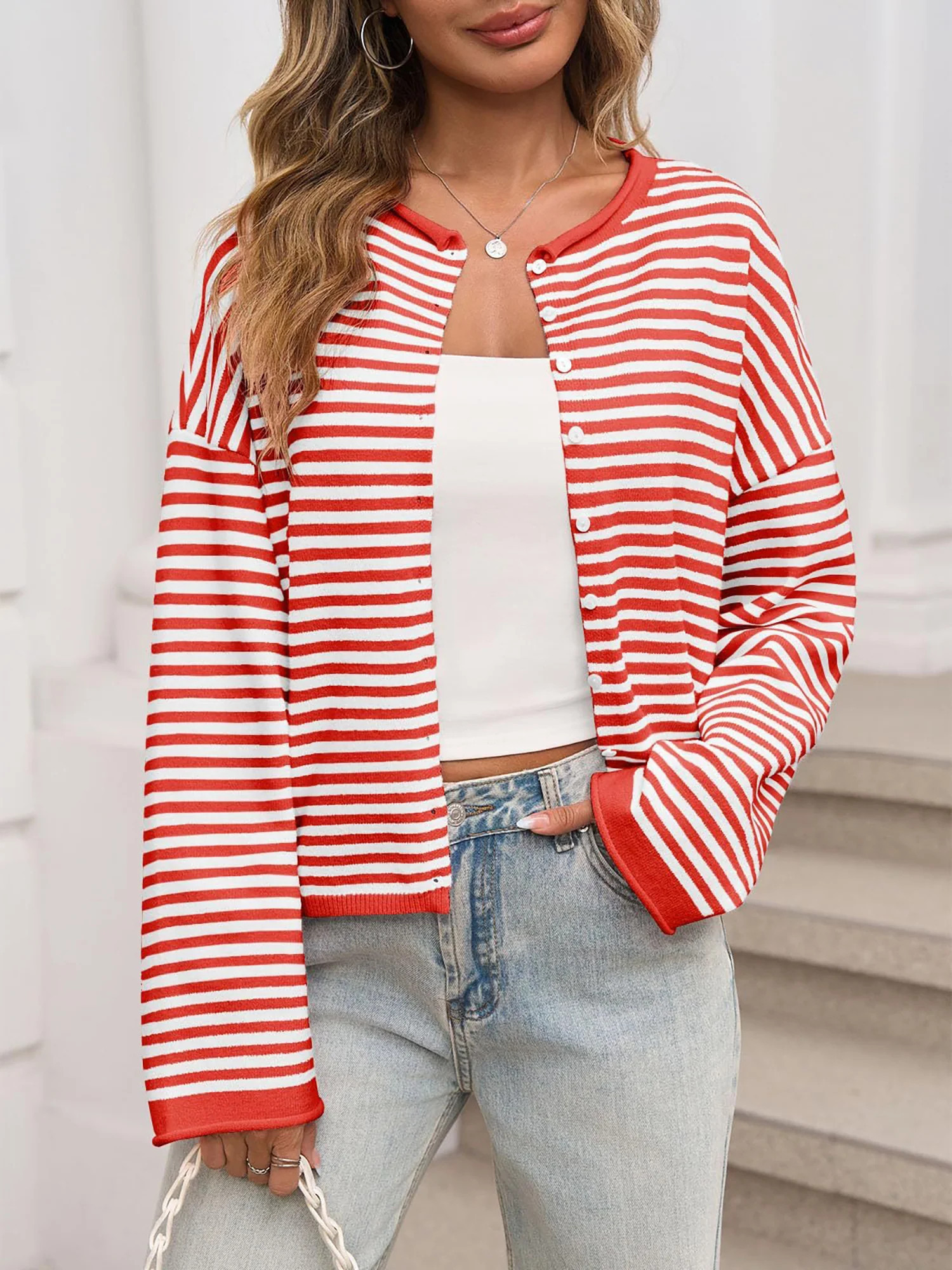 Striped Color-Block Long Sleeve Casual Cardigan | allegra-k