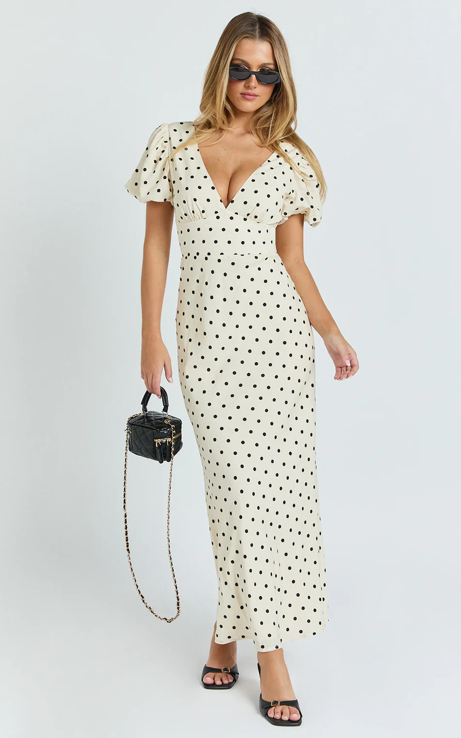Elise Midi Dress - V Neck Puff Sleeve Dress in White Polka Dot | Showpo (ANZ)