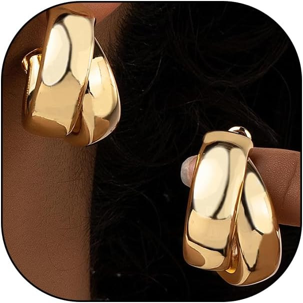 Chunky Gold Statement Earrings for Women,Trendy Geometric Twist Hoop Earrings,Simple Glossy Metal... | Amazon (US)