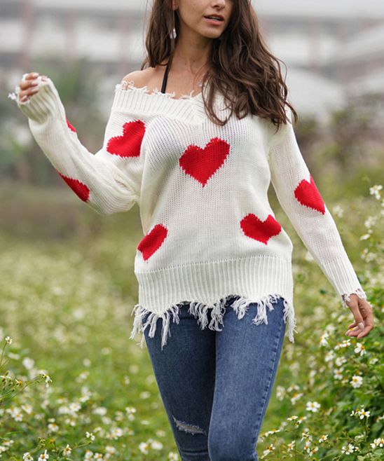 Sueter Women's Pullover Sweaters White&Red - White & Red Heart Distressed Off-Shoulder Sweater - Wom | Zulily