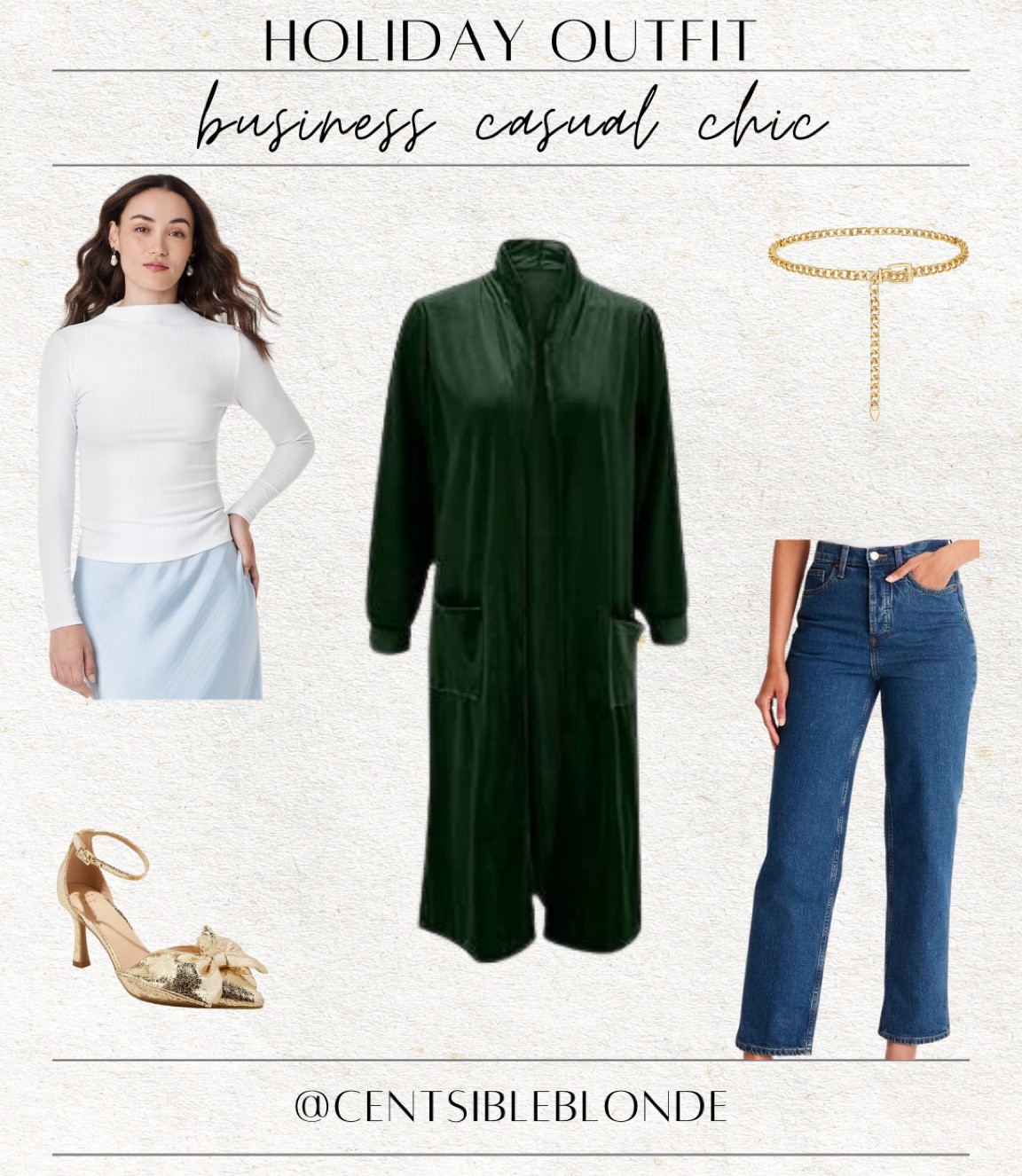 Holiday outfit, holiday style, 
Christmas outfit, Christmas style, straight leg jeans, gold heels, gold belt, gold chain belt, ribbed top, 
fitted white top, business casual, 
velvet duster, chic style, 
affordable outfit, work outfitt

#LTKWorkwear #LTKFindsUnder50 #LTKHoliday
