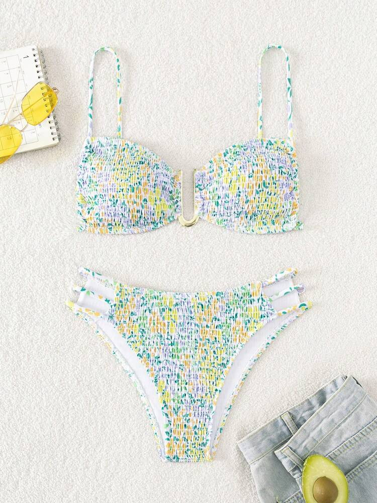 Ditsy Floral Print Smocked Bikini Swimsuit | SHEIN