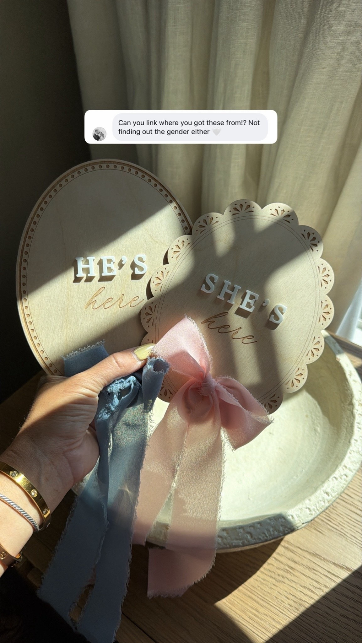 Engraved “he” & “she” hospital signs! Wooden baby announcement with ribbon - we aren’t finding out the gender until birth, so I got these from Etsy & will bring with us to the hospital 🤍

#LTKmomlife #LTKBump #LTKBaby
