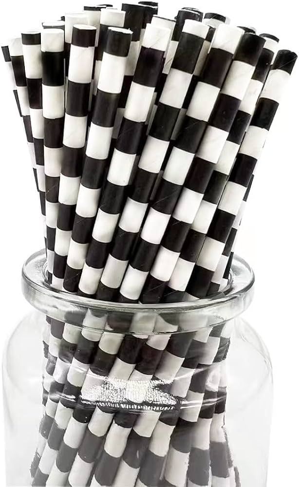 Check Black and White Paper Straws, Premium Disposable Drinking Striped Paper Straws Biodegradabl... | Amazon (US)