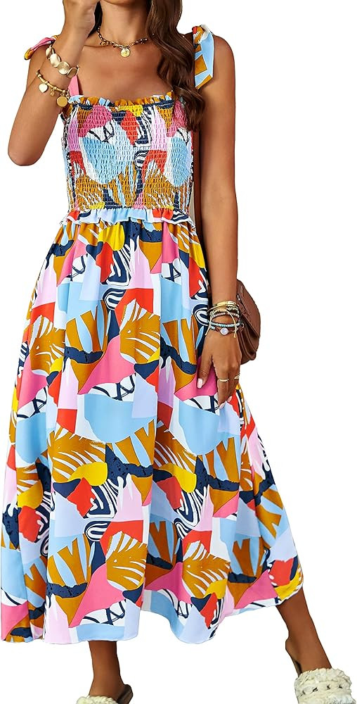 PRETTYGARDEN Women Summer Dresses 2024 Tie Strap Square Neck Smocked Ruffle Flowy Floral Print Bo... | Amazon (US)