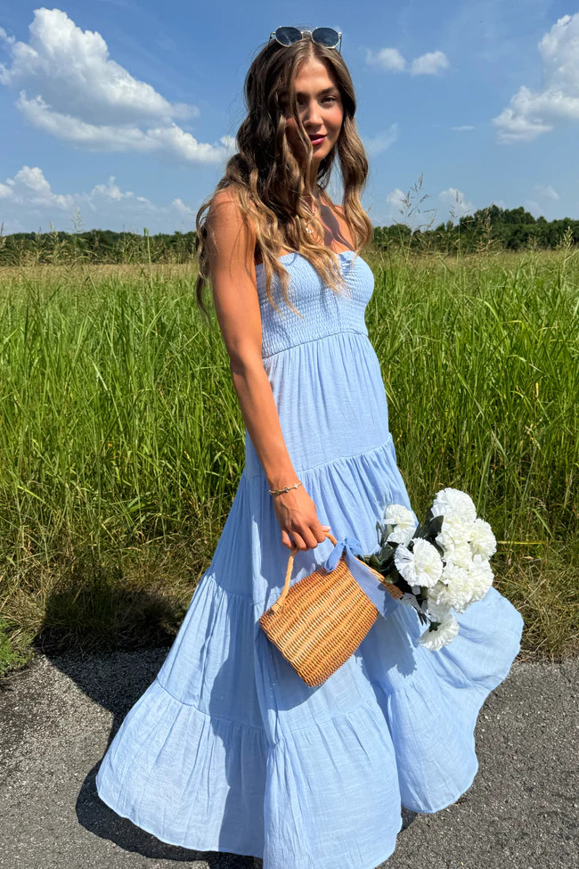 Saltwater Dreams Blue Strapless Tiered Maxi Dress | Pink Lily
