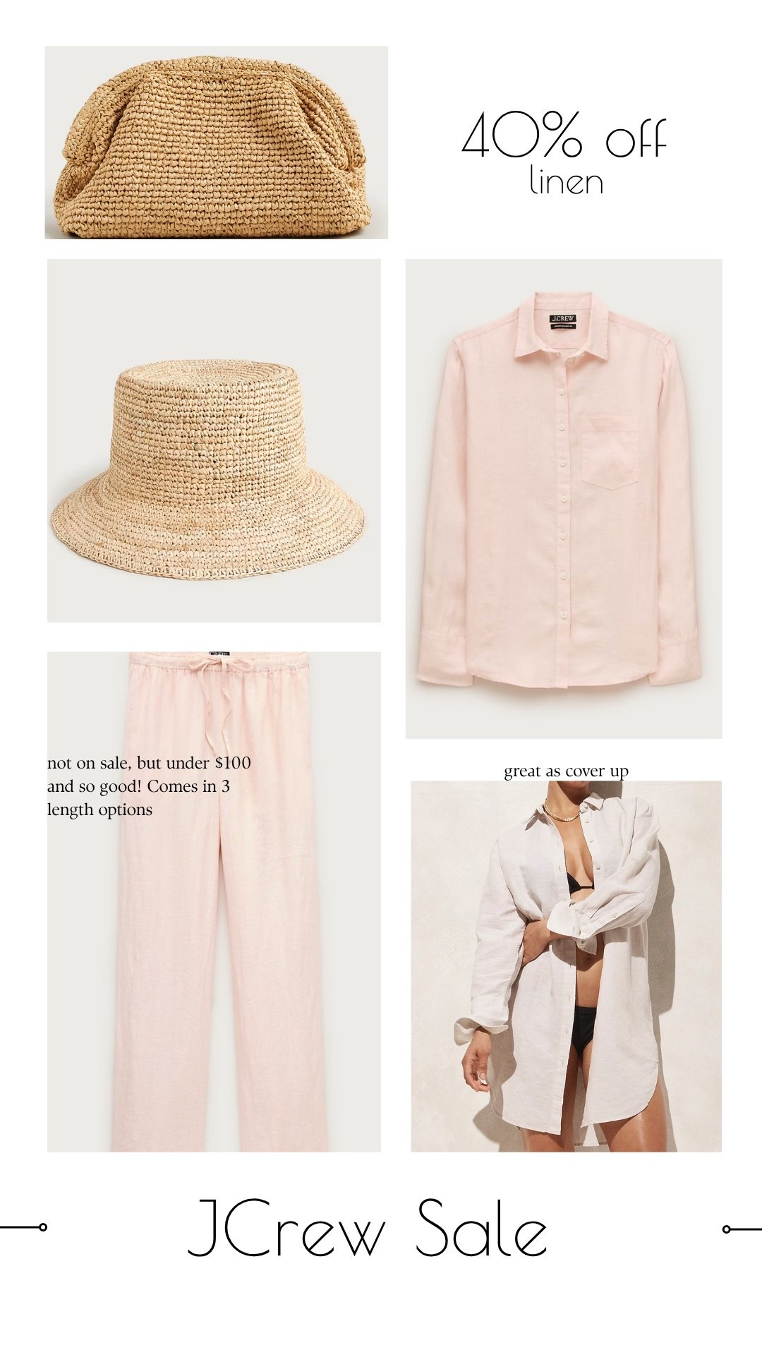 40% off linen @jcrew 
They have some of the best line pieces. Lasts for years 

The soleil pants are not included in the sale, but are under $100 and are so great. Come in several link options fit true to size. 

So happy the bucket hat is included in the sale! ￼

#LTKTravel #LTKOver40 #LTKSaleAlert