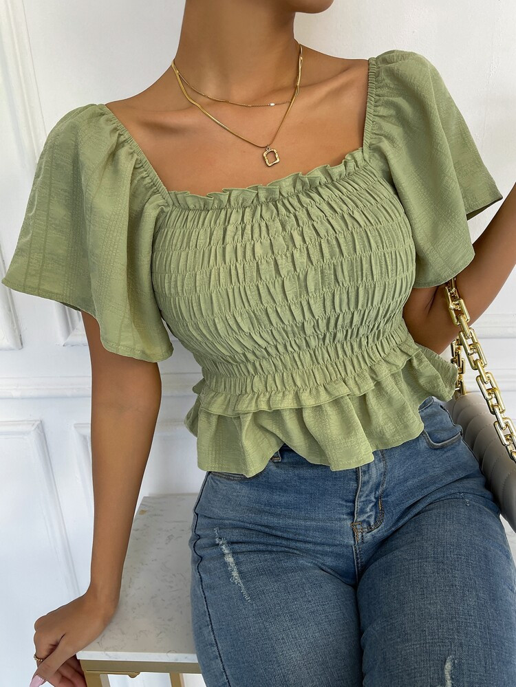 Shirred Frill Trim Ruffle Hem Top | SHEIN