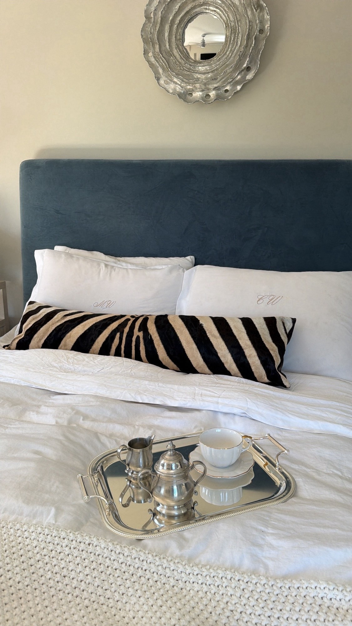 Use code: Cristina and save 15% off Alice Lane. Blue velvet headboard, silver tray, creamer, sugar bowl, antique look, quince bedding, monogram pillowcases from Amazon, mirror, French, partisan style.

#LTKHome #LTKSaleAlert