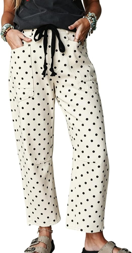 Hixiaohe Polka Dot Pants for Women Casual Boho Barrel Pants Cotton High Waist Drawstring Wide Leg... | Amazon (US)