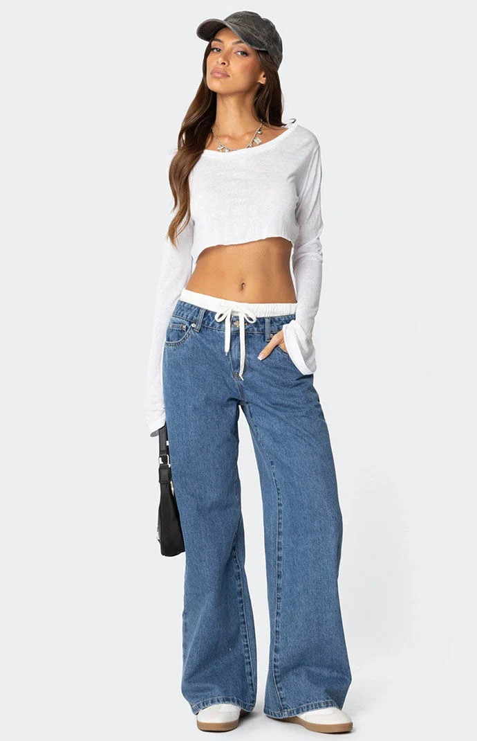 Edikted Women's Drawstring Boxer Detail Jeans in Blue - Size XS | PacSun