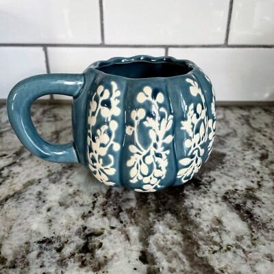 Anthropologie Thanksgiving Fall Harvest Floral Pumpkin Mug Dark Blue Stoneware | eBay US
