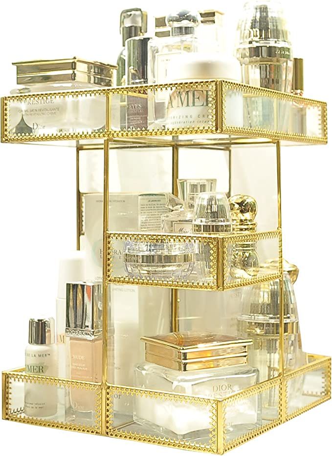 360 Degree Rotation Makeup Organizer Antique Countertop Cosmetic Storage Box Mirror Glass Beauty ... | Amazon (US)