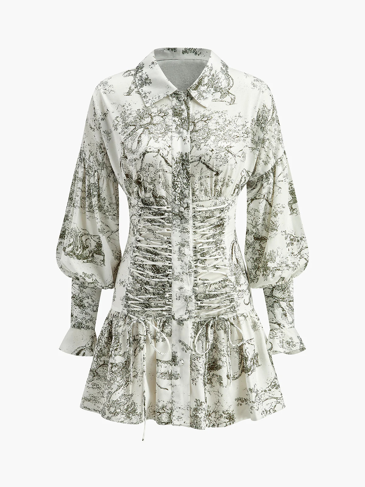 Drawstring Front Floral Puff Sleeve Dress | Commense