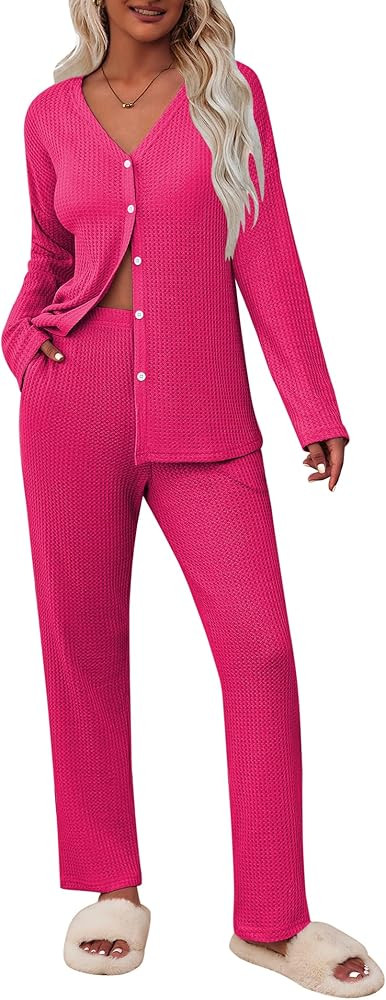 Ekouaer Womens Waffle Knit Pajamas Loungewear Two-piece Sleepwear Button-Down Pj Set with Pockets | Amazon (US)