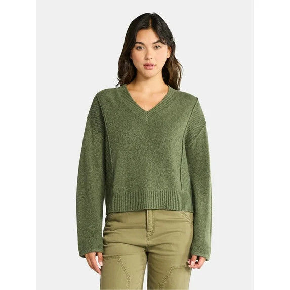 Time and Tru Women's Ribbed V Neck Sweater, Lightweight, Sizes XS-XXXL | Walmart (US)