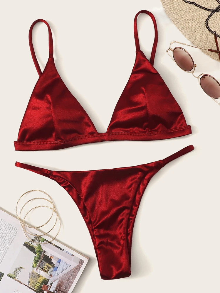 SHEIN Swim Summer Beach Satin Triangle Tanga Bikini Set | SHEIN