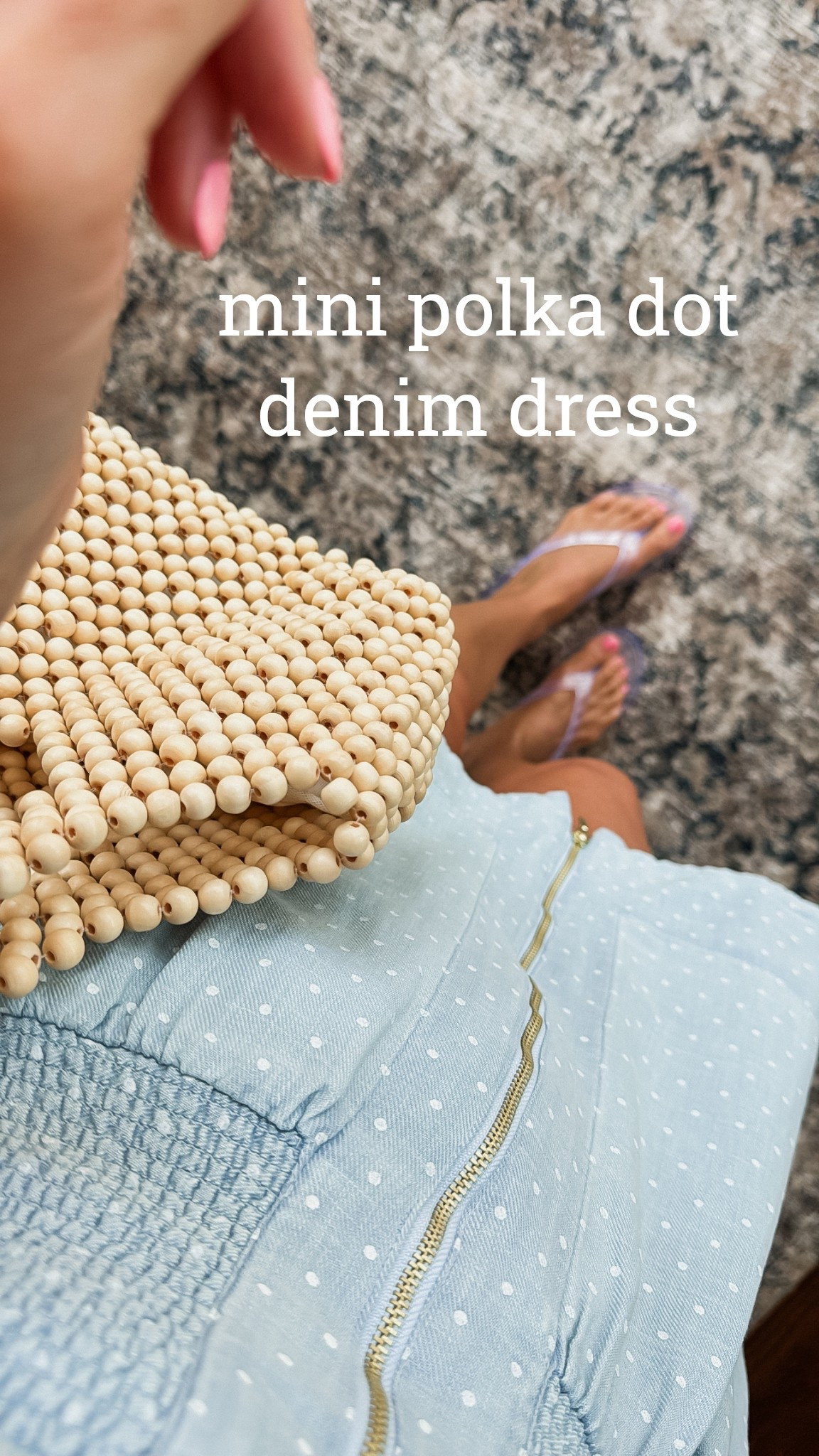 Mini polka dot denim dress. 
XS
Dress style comes in a variety of options. 
Wood bead bag. 
Clear jelly flip flops - up one size 

#LTKmomlife #LTKgrwm #LTKSeasonal
