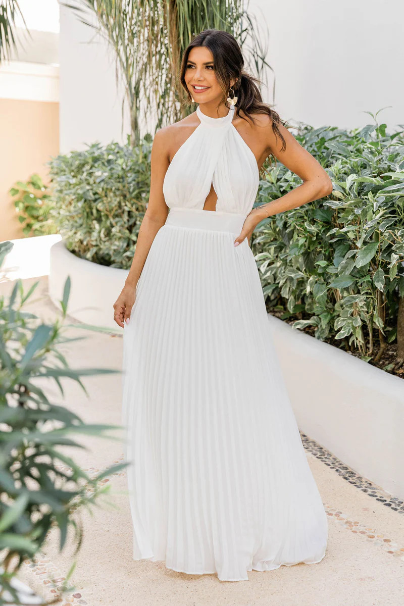 Sunny Gleam White Accordion Halter Maxi Dress FINAL SALE | Pink Lily