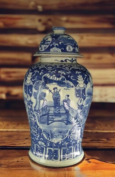 19" Antique Like Finish Blue and White Ginger Jars Porcelain Temple Ceramic Ginger Jar Vase, Anti... | Amazon (US)
