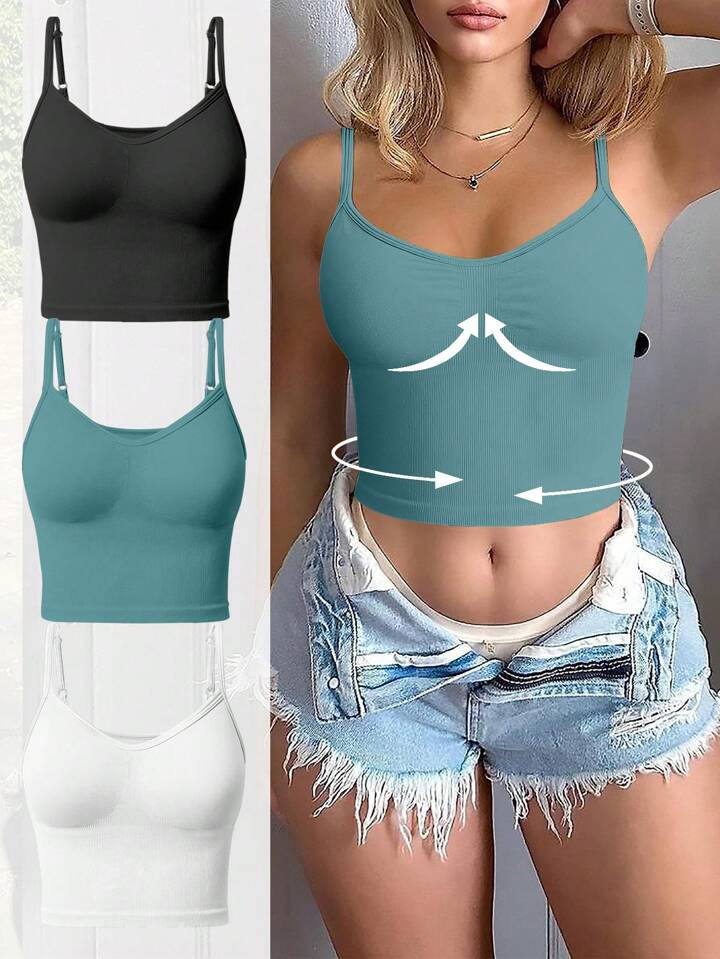 SHEIN Sport Studio 3pcs Ribbed Knit Sports Cami Top Fitted Shirt | SHEIN