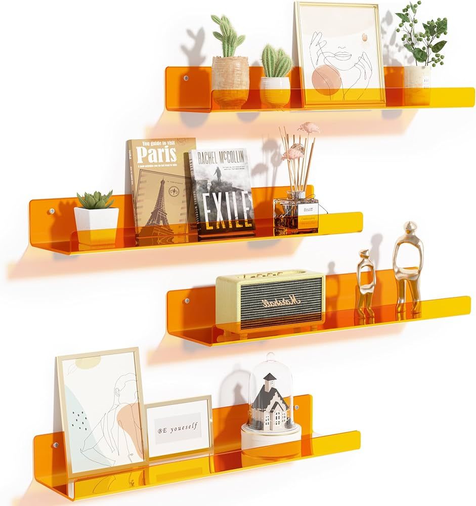 upsimples 4 Pack Acrylic Shelves for Wall Storage, 15" Floating Bookshelves for Kids, Display She... | Amazon (US)