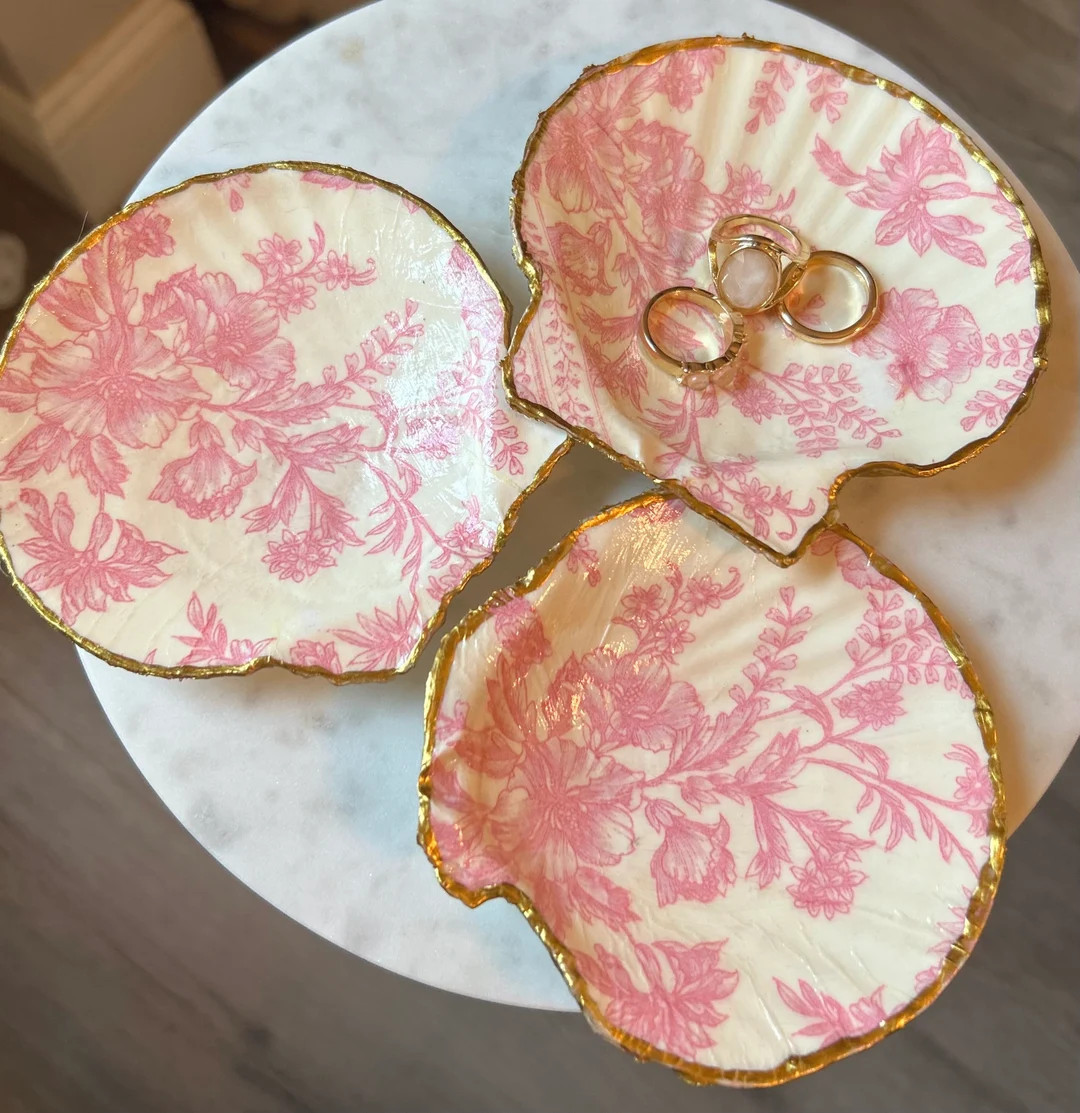 Pink Floral Scallop Shell Ring Dish Jewelry Holder Bridesmaids Gift Trinket Dish - Etsy | Etsy (US)
