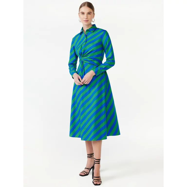 Scoop Women's Side Knot Poplin Midi Shirt Dress with Long Sleeves, Sizes XS-XXL - Walmart.com | Walmart (US)