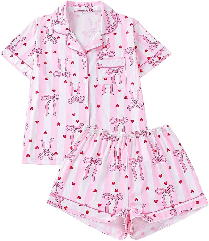 Valentines Day Pajamas Women 2 Piece Pink Bow Heart Pajamas Women Cute Matching Valentine Pjs Sho... | Amazon (US)