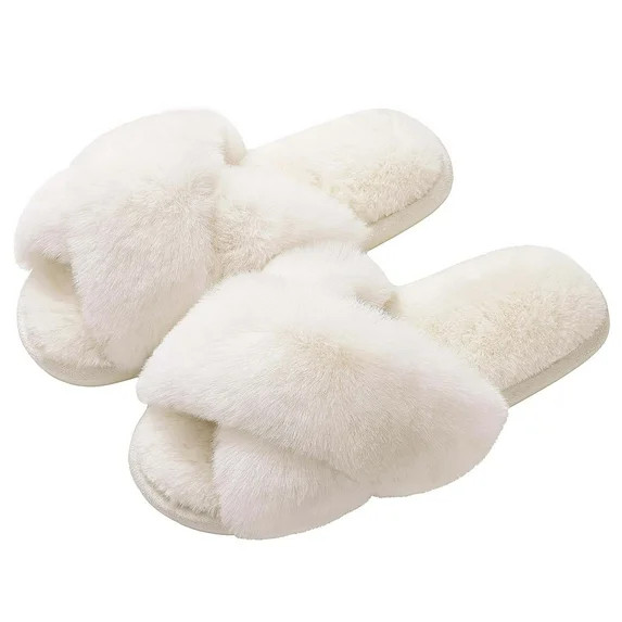 Litfun Women's Fuzzy Slippers Open Toe Cross Band Slippers Memory Foam House Slippers for Women, ... | Walmart (US)