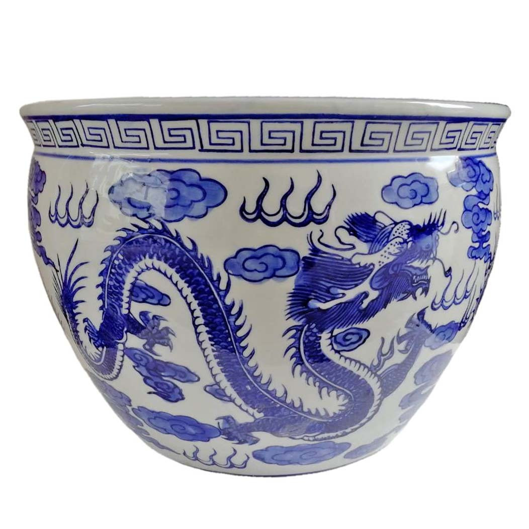 Blue and White Porcelain Fishbowl with Dragon Design (12" W x 9" H - Inside Rim 9.25 , Base 8.5) ... | Walmart (US)