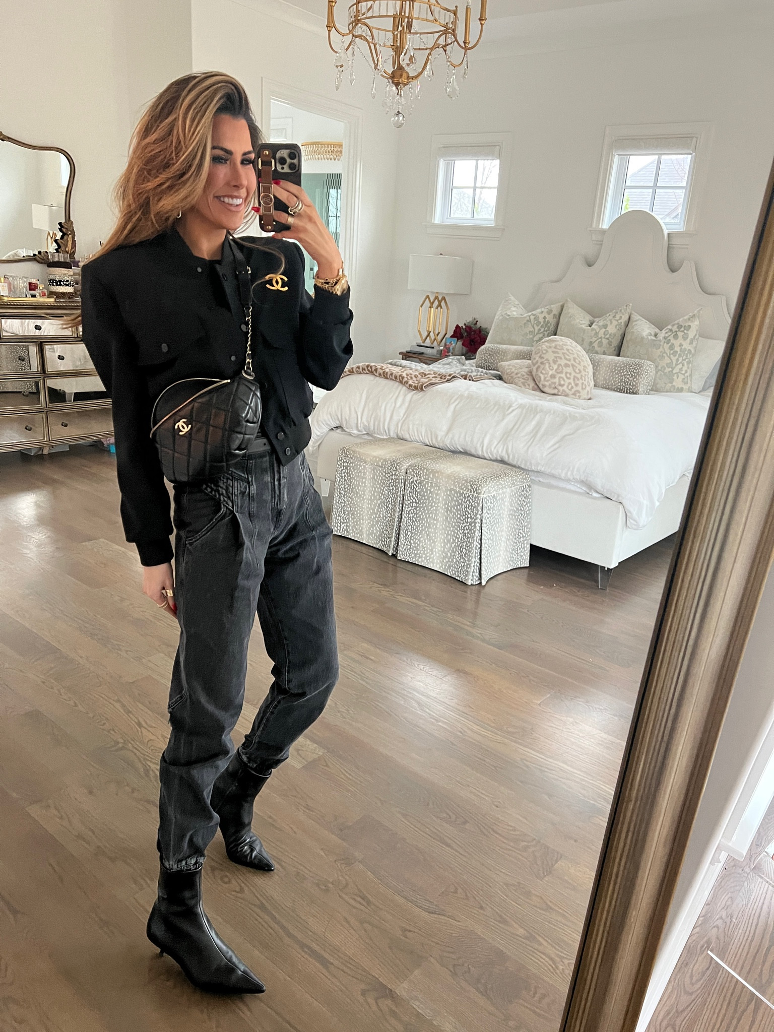 Size small in black bomber jacket. Size 25 in retrofete high waisted jeans. Chanel back caviar leather belt bag is new winter 2023 and very hard to find! Kitten heel booties with pointed toe are from last fall but I found two similar styles in stock. Wearing size 70 in YSL belt  

Black jacket, bomber jacket, Chanel bag, black booties, kitten heels, black denim, winter outfit, winter fashion, dinner outfit, Victoria Emerson, gold earrings, Emily Ann Gemma 

#LTKstyletip