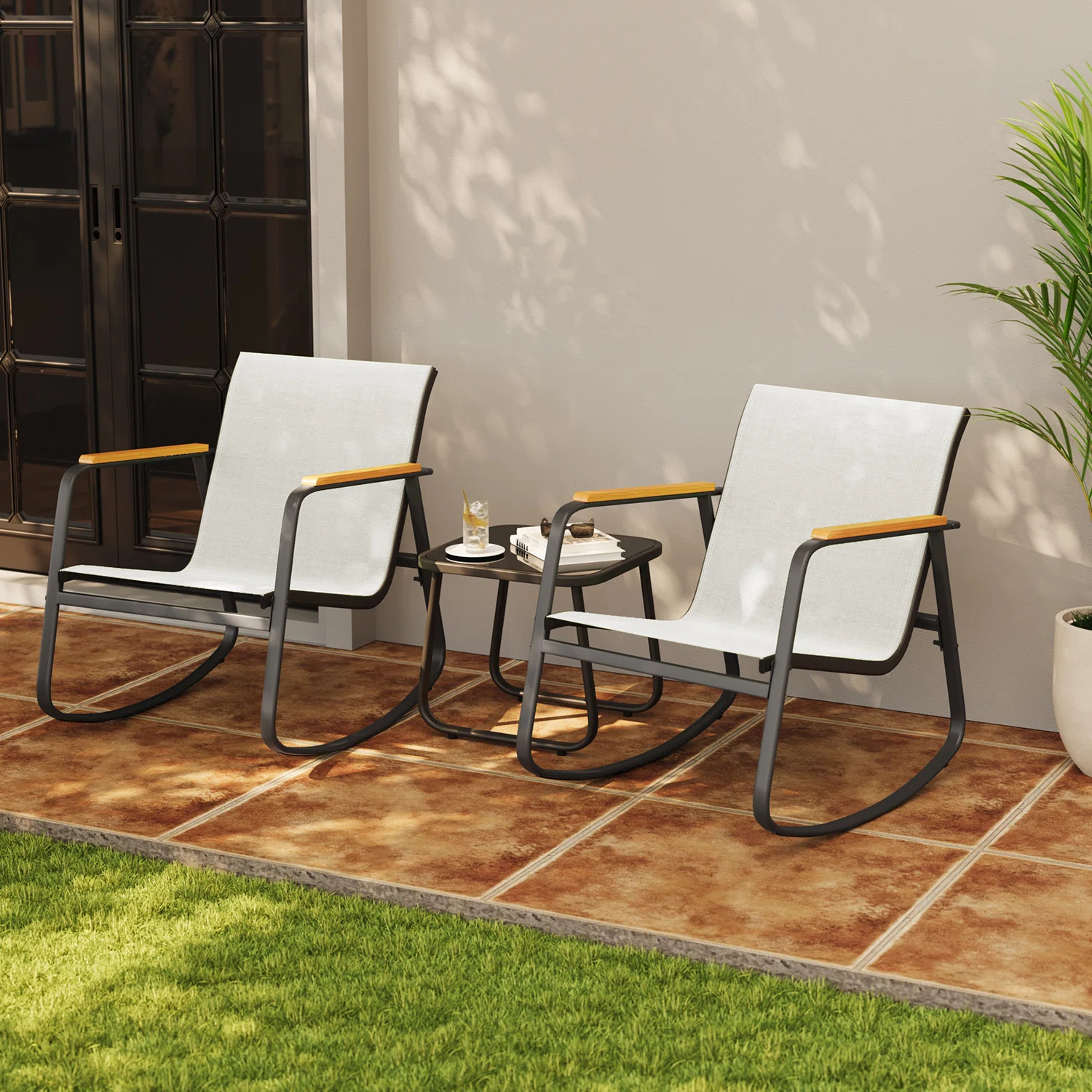 3 Piece Outdoor Patio Set with Textilene Rocking Chairs and Solid Wood Armrests | Wayfair North America