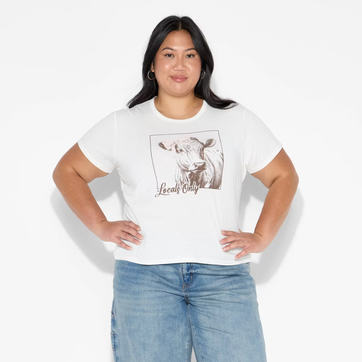 Women's Locals Only Cow Short Sleeve Shrunken Graphic T-Shirt - Off-White L | Target