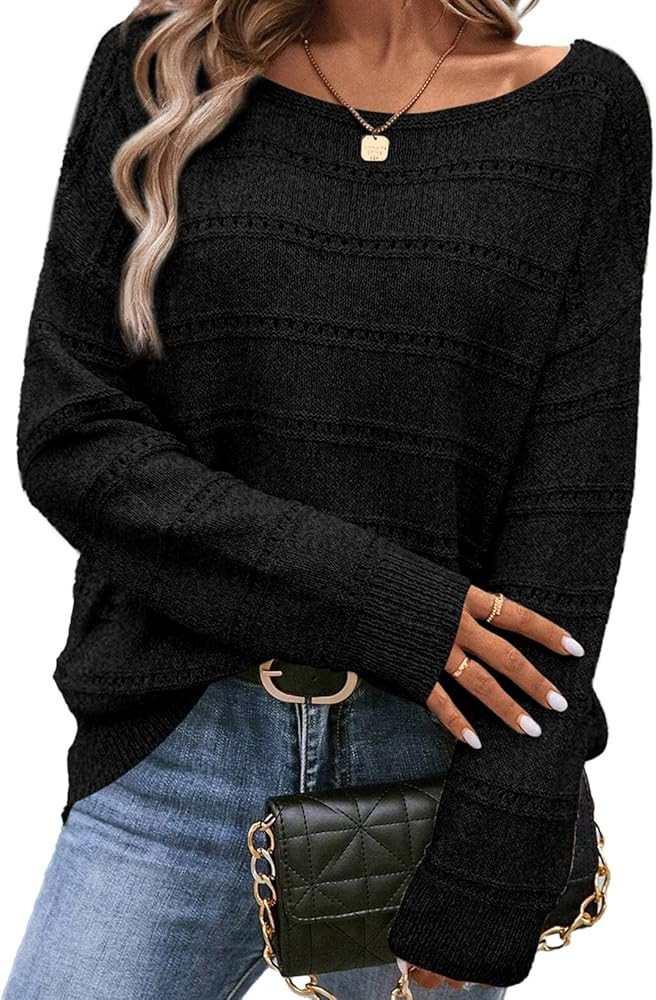 SHEWIN Women's Sweaters Crew Neck Crochet Sweater Lightweight Knit Long Sleeve Tops Shirts Loose ... | Amazon (US)