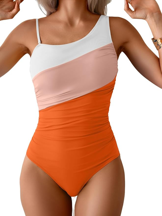One Shoulder One Piece Swimsuit for Women Tummy Control Bathing Suits Color Block Ruched Swim Sui... | Amazon (US)