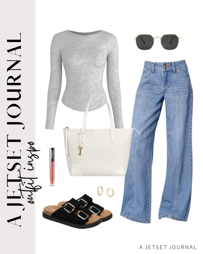 For a coffee run, you can wear a gray fitted long-sleeve crewneck shirt plus light-wash jeans from Sidefeel. Grab this sleek leather tote bag to anchor the fit.  paired with comfortable Project Cloud sandals. To add an instant character to the look, you may use these cool Pro Acme’s hexagonal sunnies.

#LTKSeasonal #LTKSaleAlert #LTKTravel 

 